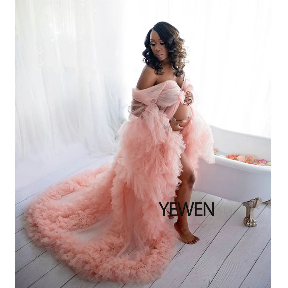 Sunnderly Umstandskleid mit langen Ärmeln und Rüschen für Fotoshootings oder Babypartys, Schwangerschaftskleid, Shootingkleid 