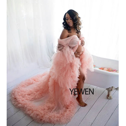 Sunnderly Umstandskleid mit langen Ärmeln und Rüschen für Fotoshootings oder Babypartys, Schwangerschaftskleid, Shootingkleid 