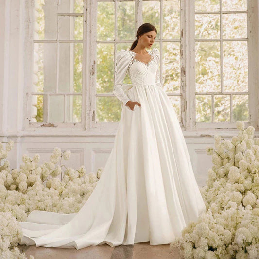 Long Sleeves Satin Wedding Dresses For Women With Bow Bridal Gowns Sweetheart Vestido De Noiva Robe Floor Length Custom 2023-payinti