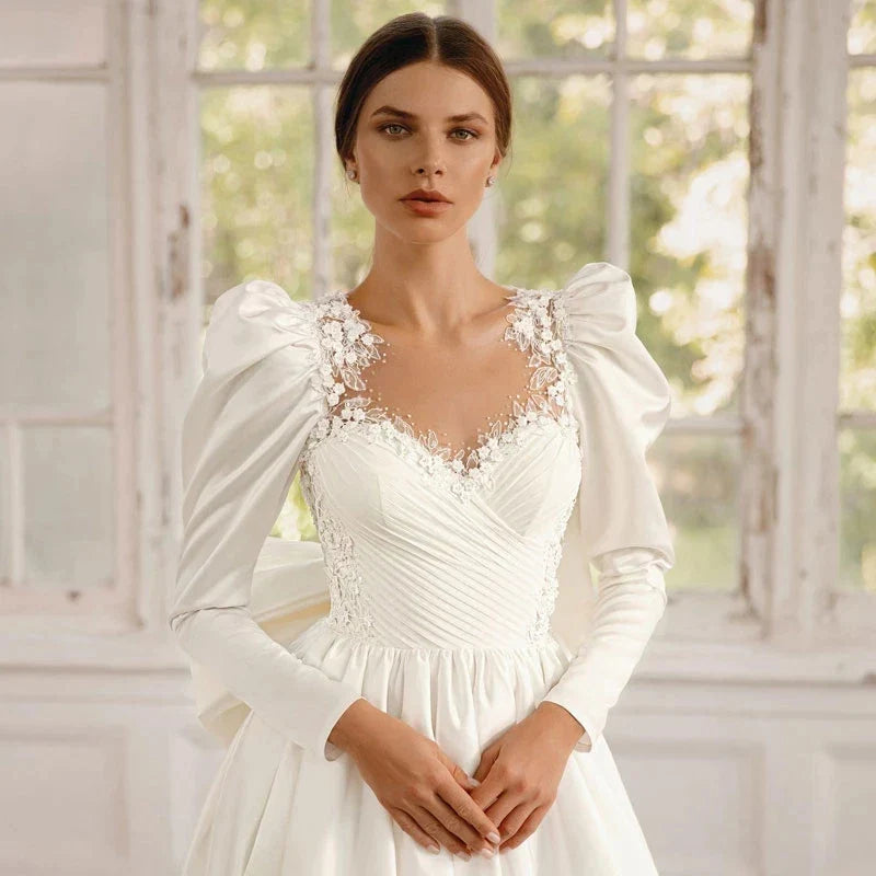 Long Sleeves Satin Wedding Dresses For Women With Bow Bridal Gowns Sweetheart Vestido De Noiva Robe Floor Length Custom 2023-payinti