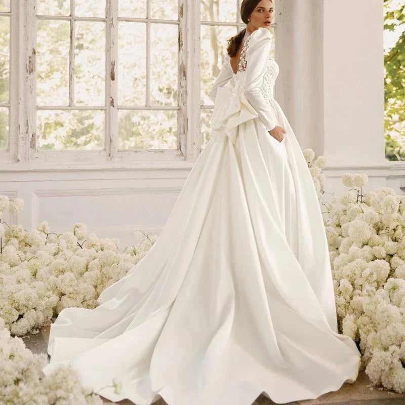 Long Sleeves Satin Wedding Dresses For Women With Bow Bridal Gowns Sweetheart Vestido De Noiva Robe Floor Length Custom 2023-payinti