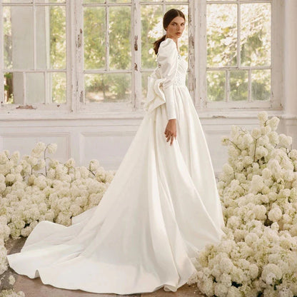 Long Sleeves Satin Wedding Dresses For Women With Bow Bridal Gowns Sweetheart Vestido De Noiva Robe Floor Length Custom 2023-payinti
