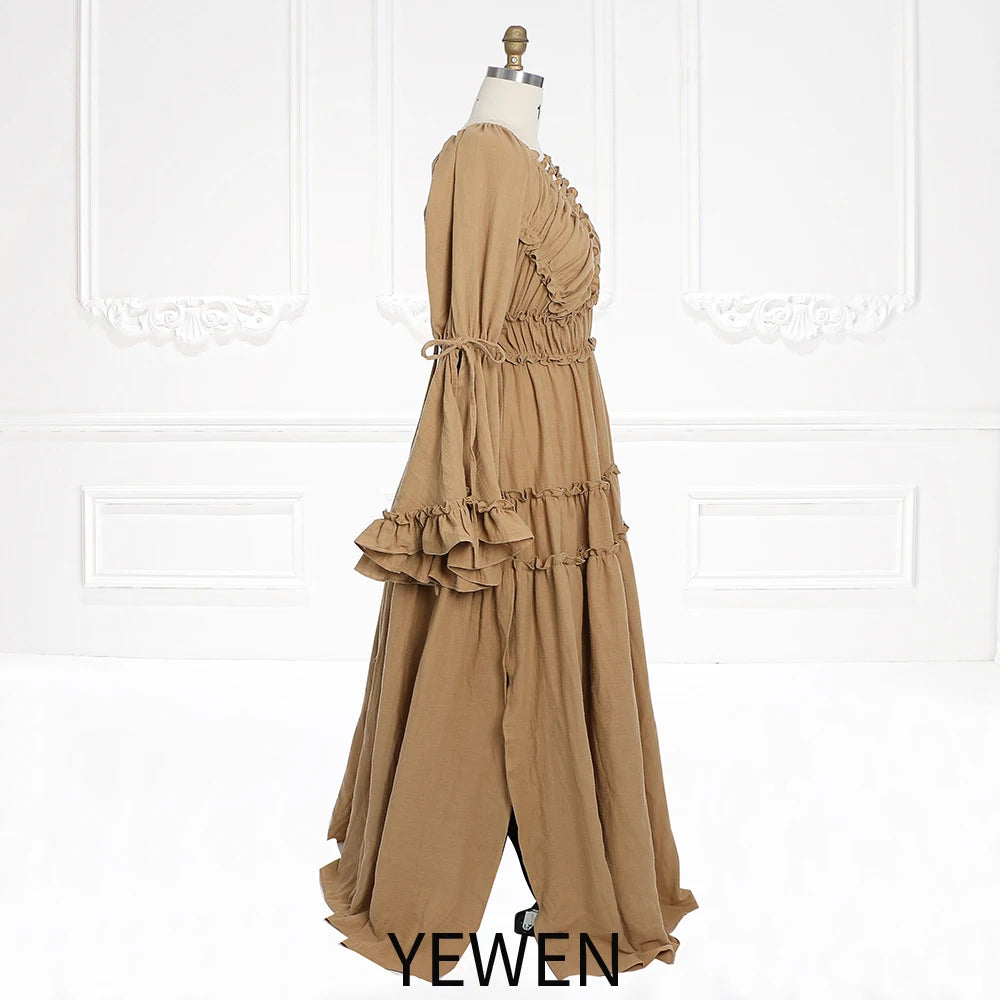 Lange Ärmel V-Rücken Elastische Taille Frau Boho Maxikleid Fotoshooting Kleider Outfit SY231112 