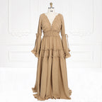 Lange Ärmel V-Rücken Elastische Taille Frau Boho Maxikleid Fotoshooting Kleider Outfit SY231112 