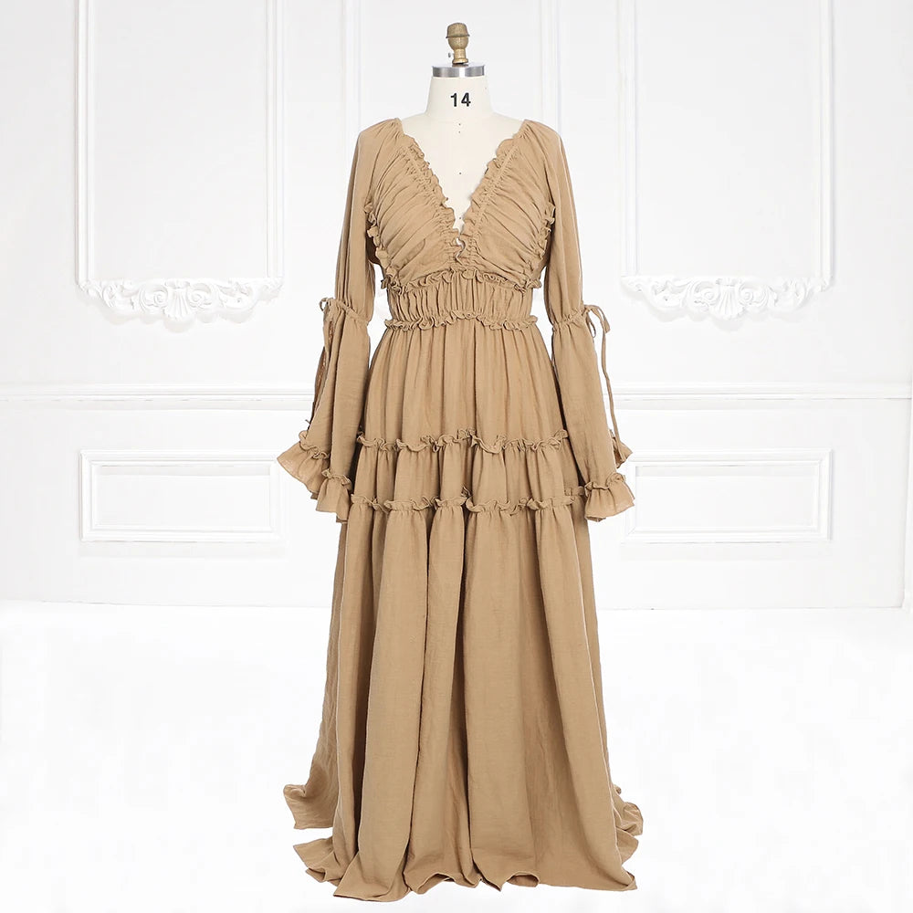 Lange Ärmel V-Rücken Elastische Taille Frau Boho Maxikleid Fotoshooting Kleider Outfit SY231112 
