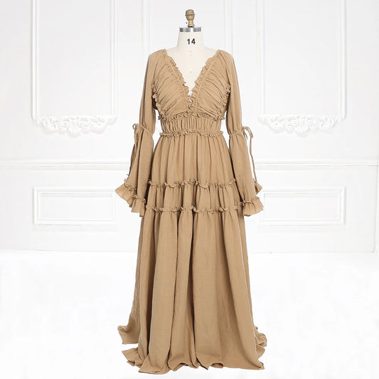 Long Sleeves V Back Elastic Waist Woman Boho Maxi Dress Photoshoot Dresses Outfit SY231112