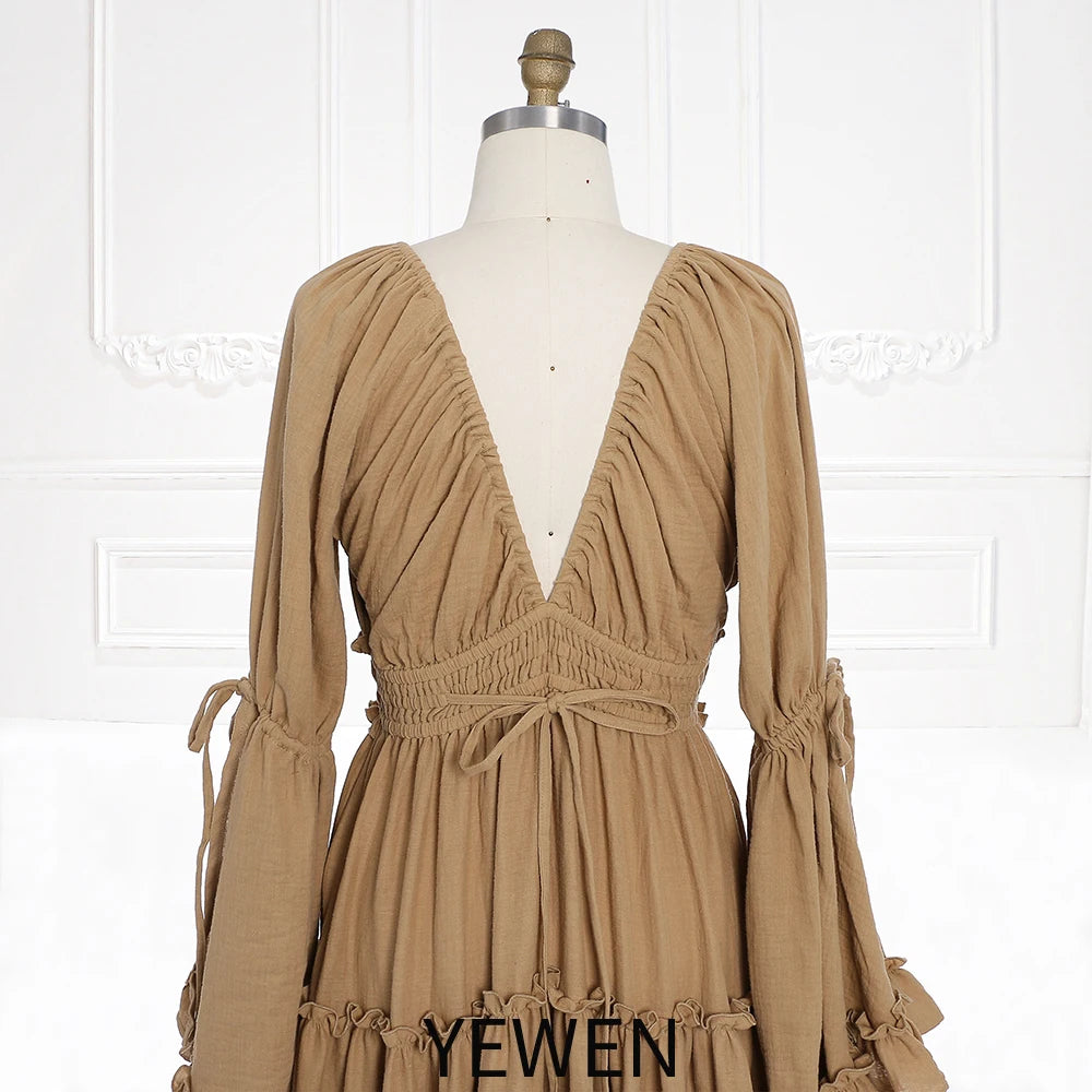 Lange Ärmel V-Rücken Elastische Taille Frau Boho Maxikleid Fotoshooting Kleider Outfit SY231112 