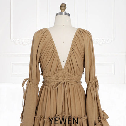 Long Sleeves V Back Elastic Waist Woman Boho Maxi Dress Photoshoot Dresses Outfit SY231112