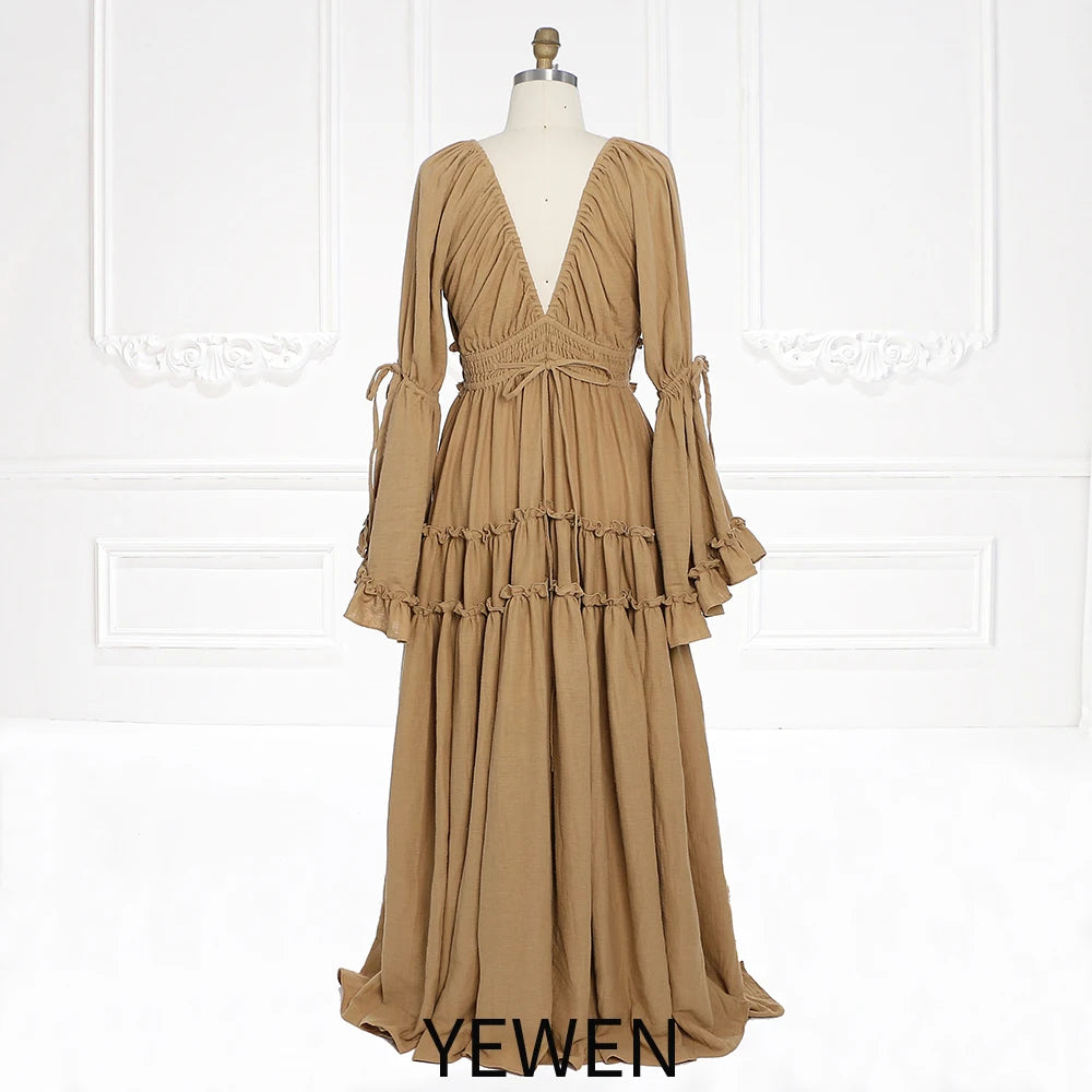 Long Sleeves V Back Elastic Waist Woman Boho Maxi Dress Photoshoot Dresses Outfit SY231112