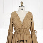 Lange Ärmel V-Rücken Elastische Taille Frau Boho Maxikleid Fotoshooting Kleider Outfit SY231112 