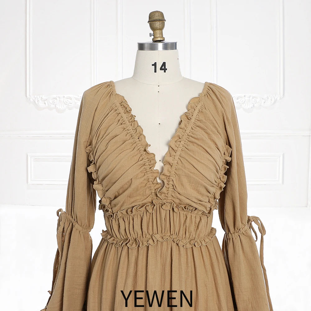 Lange Ärmel V-Rücken Elastische Taille Frau Boho Maxikleid Fotoshooting Kleider Outfit SY231112 