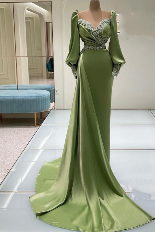 Hermosos vestidos de fiesta de sirena de satén con mangas largas y escote corazón