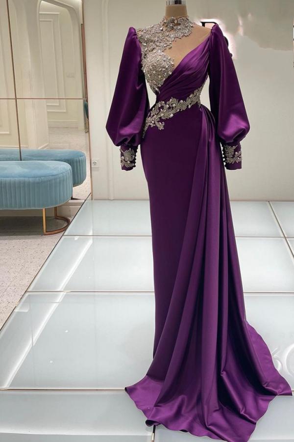Vestidos de fiesta glamurosos de sirena, de satén, con mangas largas y cuello alto
