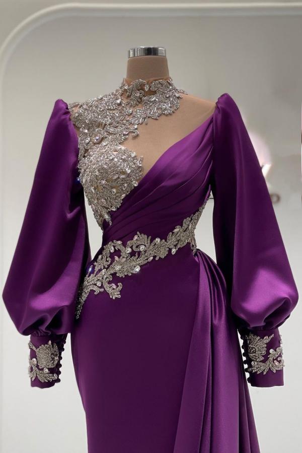 Vestidos de fiesta glamurosos de sirena, de satén, con mangas largas y cuello alto