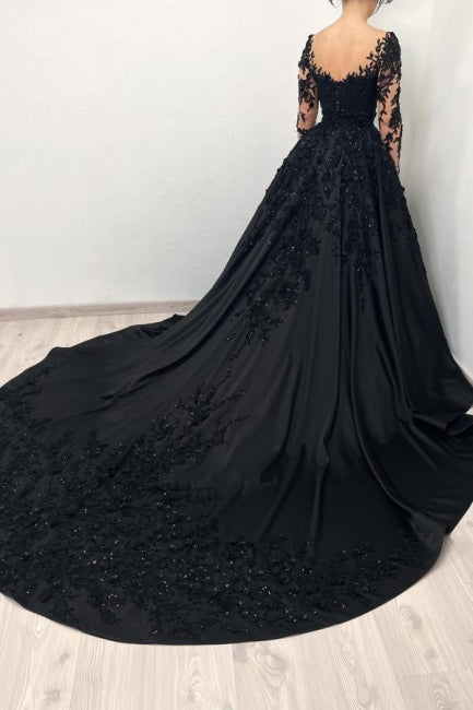 Schwarzes Abendkleid im Prinzessinnen-Ballkleid mit langen Ärmeln und Herzausschnitt