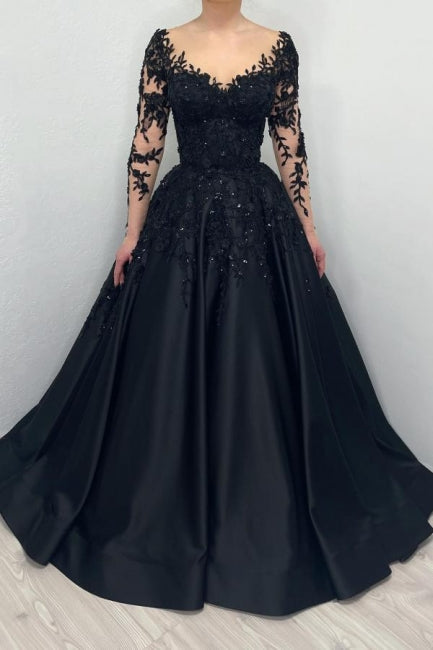 Schwarzes Abendkleid im Prinzessinnen-Ballkleid mit langen Ärmeln und Herzausschnitt
