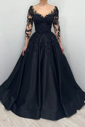 Schwarzes Abendkleid im Prinzessinnen-Ballkleid mit langen Ärmeln und Herzausschnitt