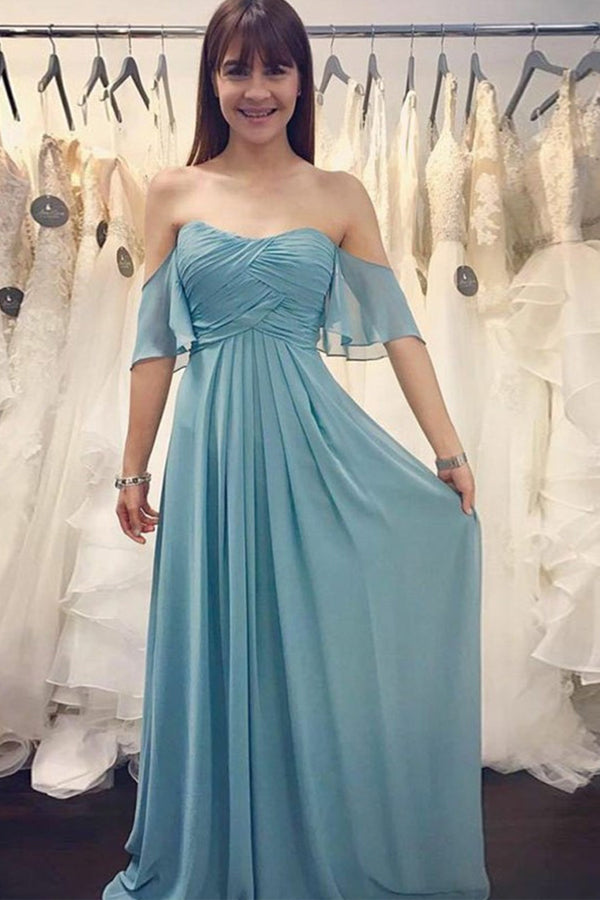 Vestido de dama de honor largo de gasa azul fruncido con hombros descubiertos BD118