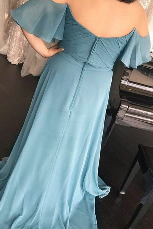 Vestido de dama de honor largo de gasa azul fruncido con hombros descubiertos BD118