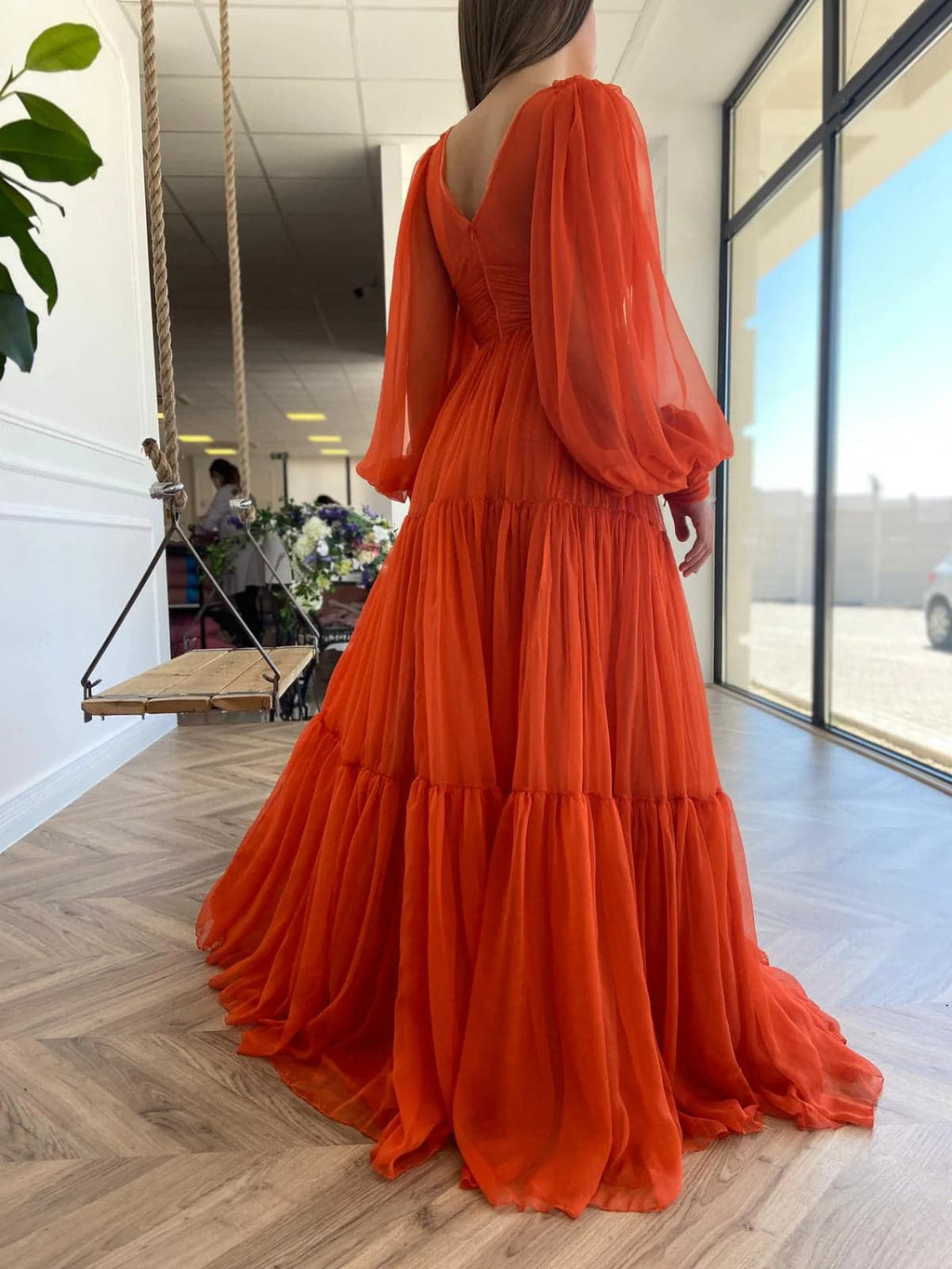 Long Prom Dress Puffy Sleeve Formal Gowns SYP25