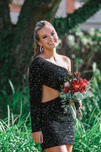 Lila Bodycon-Heimkehrkleid mit Pailletten und einer Schulter SYH34