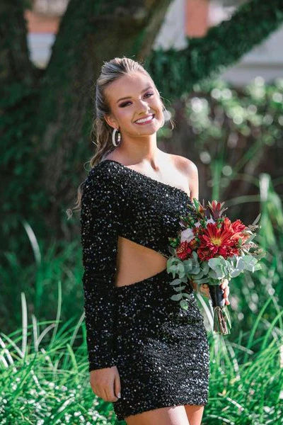 Lila Bodycon-Heimkehrkleid mit Pailletten und einer Schulter SYH34