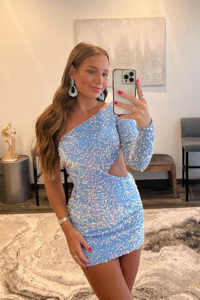 Lila Bodycon-Heimkehrkleid mit Pailletten und einer Schulter SYH34
