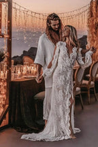 Long Sleeve V-neck Lace Appliques Boho Wedding Dress WD749