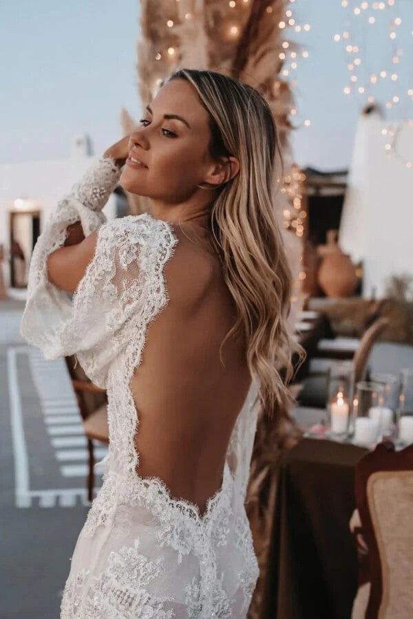 Long Sleeve V-neck Lace Appliques Boho Wedding Dress WD749