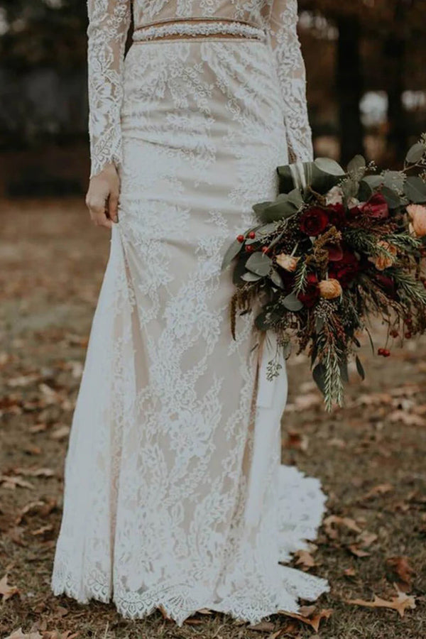 Long Sleeve Vintage Wedding Dress Backless Rustic Bridal Gown WD730