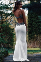 Long Spaghetti Straps Mermaid White Wedding Dress with Beading  WD609