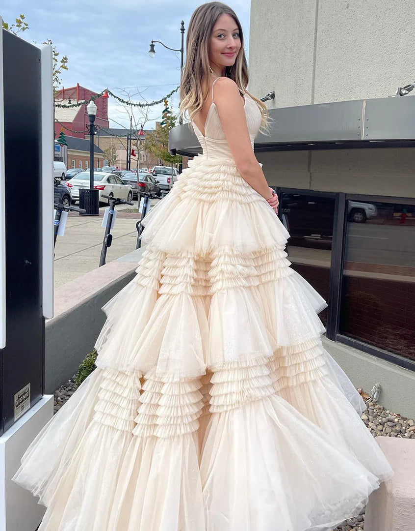 Tulle Formal Gown Layered Prom Dress with Sweep Train SYP156