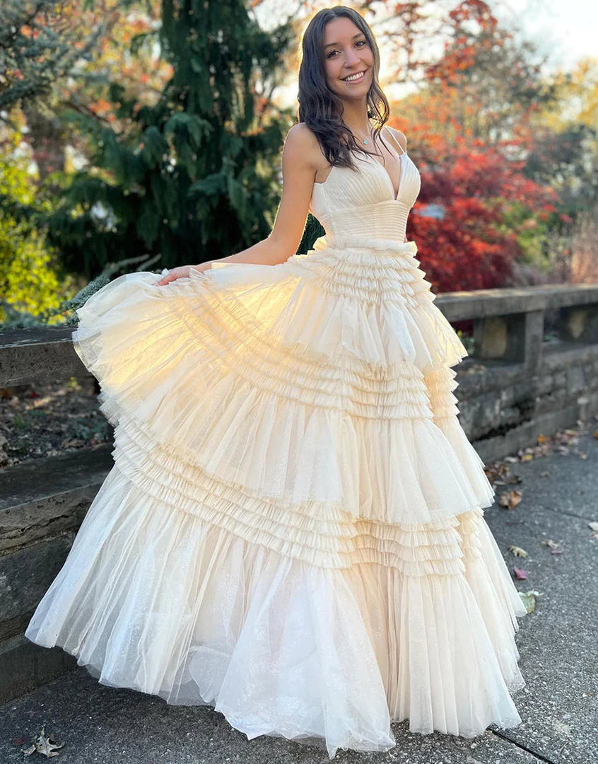 Tulle Formal Gown Layered Prom Dress with Sweep Train SYP156