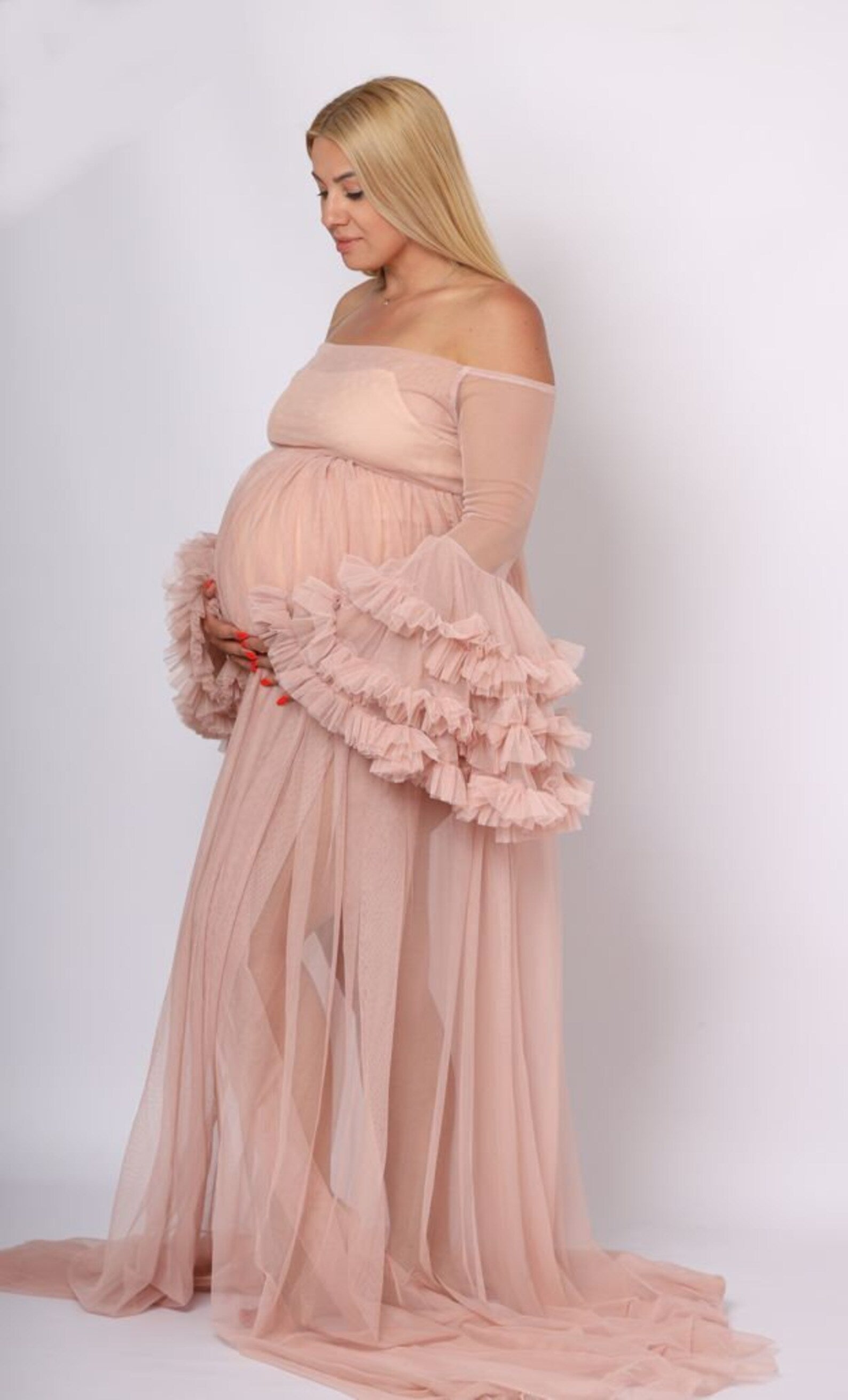 Langes Tüllkleid für Schwangerschaftsfotos und Fotoshootings mit Schleppe SY021