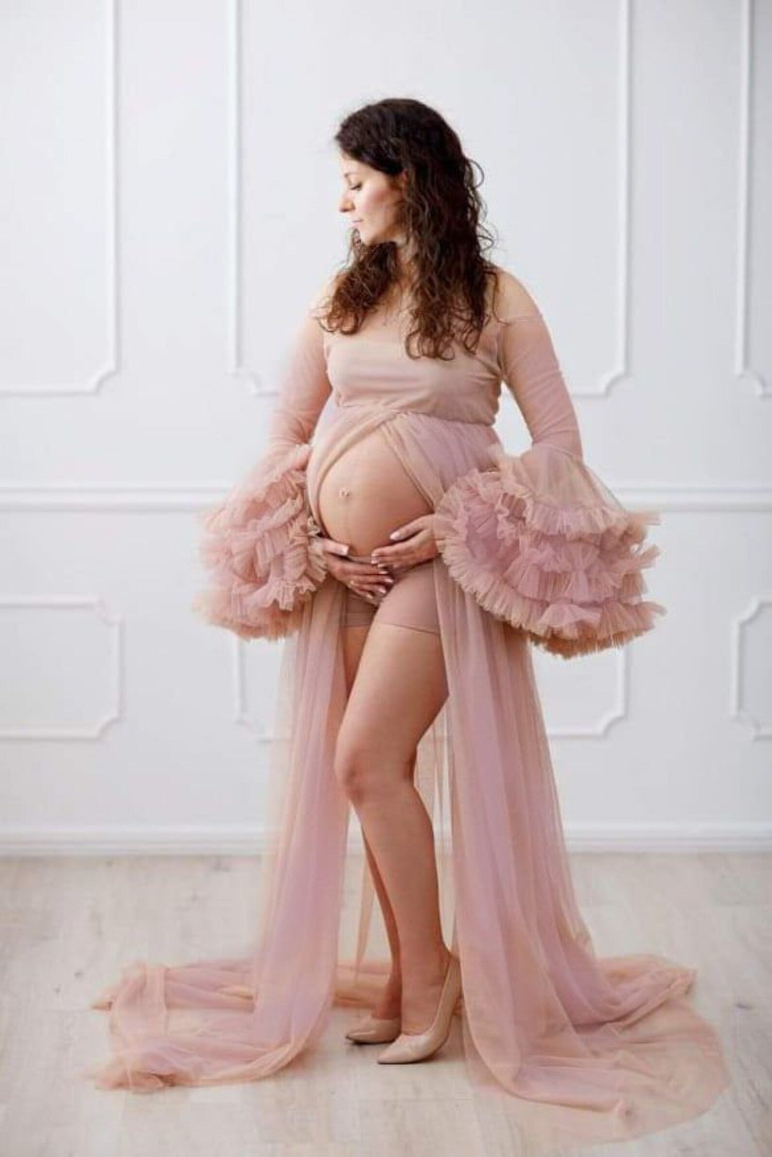 Langes Tüllkleid für Schwangerschaftsfotos und Fotoshootings mit Schleppe SY021