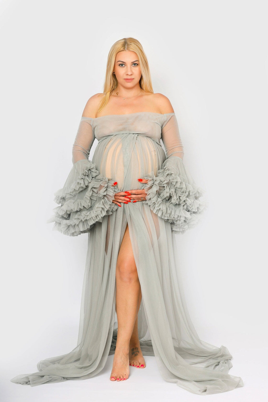 Langes Tüllkleid für Schwangerschaftsfotos und Fotoshootings mit Schleppe SY021