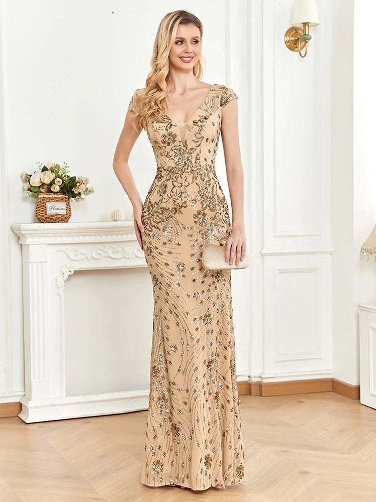 Elegant Champagne Evening Dress For Women Long Mermaid Formal Sequins Deep V-neck Prom Luxury Wedding Party Gown-payinti