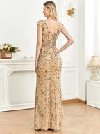 Elegant Champagne Evening Dress For Women Long Mermaid Formal Sequins Deep V-neck Prom Luxury Wedding Party Gown-payinti