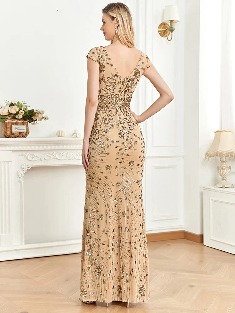 Elegant Champagne Evening Dress For Women Long Mermaid Formal Sequins Deep V-neck Prom Luxury Wedding Party Gown-payinti