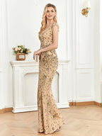 Elegant Champagne Evening Dress For Women Long Mermaid Formal Sequins Deep V-neck Prom Luxury Wedding Party Gown-payinti
