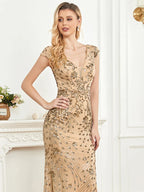 Elegant Champagne Evening Dress For Women Long Mermaid Formal Sequins Deep V-neck Prom Luxury Wedding Party Gown-payinti