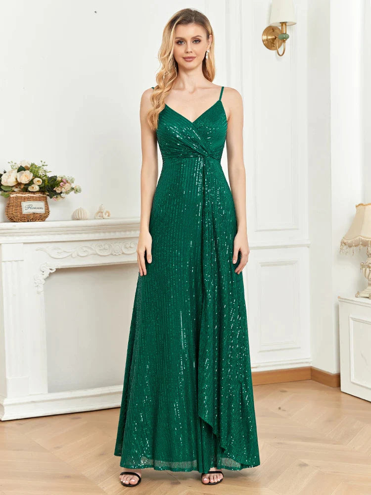 Elegant Royal Blue Sequins V Neck Evening Dress Long 2023 Wedding Party Maxi Formal Dress Women Cocktail Prom Dress-payinti