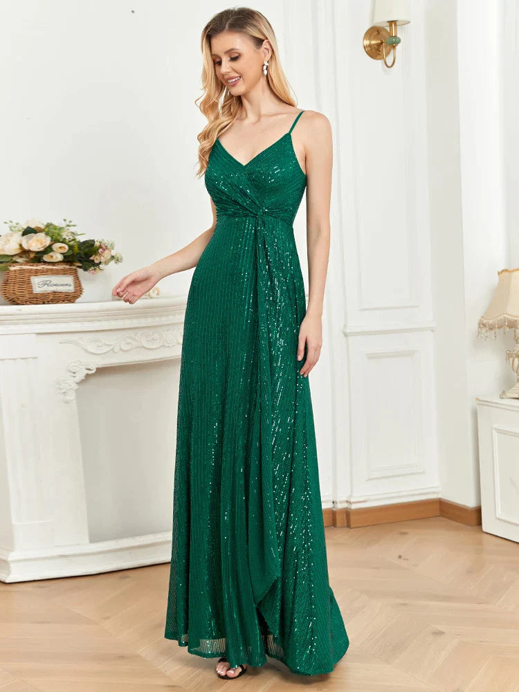 Elegant Royal Blue Sequins V Neck Evening Dress Long 2023 Wedding Party Maxi Formal Dress Women Cocktail Prom Dress-payinti