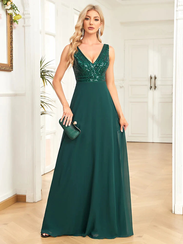 Elegant Sequrin Evening Dress 2023 Women Chiffon Long Formal Deep V-neck Green Caicktail Wedding Party Prom Dresses-payinti