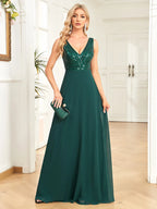 Elegant Sequrin Evening Dress 2023 Women Chiffon Long Formal Deep V-neck Green Caicktail Wedding Party Prom Dresses-payinti