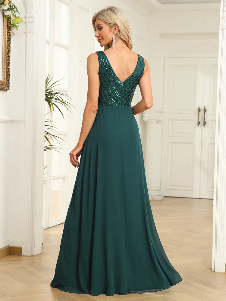 Elegant Sequrin Evening Dress 2023 Women Chiffon Long Formal Deep V-neck Green Caicktail Wedding Party Prom Dresses-payinti