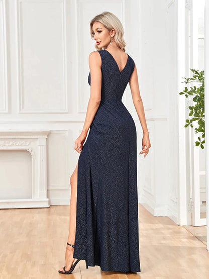 Elegant Shining V-neck Formal Evening Dress 2023 Women Sexy Slit Maxi Dress Blue Wedding Party Cocktail Prom Dresses-payinti