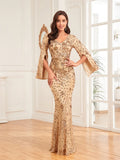 Luxury Champagne Evening Dresses For Women 2023 Long Sleeve Mermaid Formal Sequins V-neck Prom Wedding Party Gowns-payinti