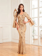 Luxury Champagne Evening Dresses For Women 2023 Long Sleeve Mermaid Formal Sequins V-neck Prom Wedding Party Gowns-payinti
