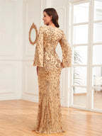 Luxury Champagne Evening Dresses For Women 2023 Long Sleeve Mermaid Formal Sequins V-neck Prom Wedding Party Gowns-payinti